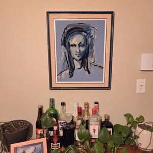 Vintage Mid Century Large Needlepoint Art Blue Lady Framed